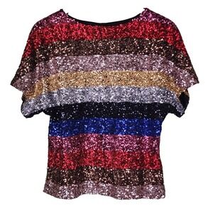 Gap Sequined Top Multicolor Stripe Boxy Kimono Short‎ Sleeve Party Holiday XXS